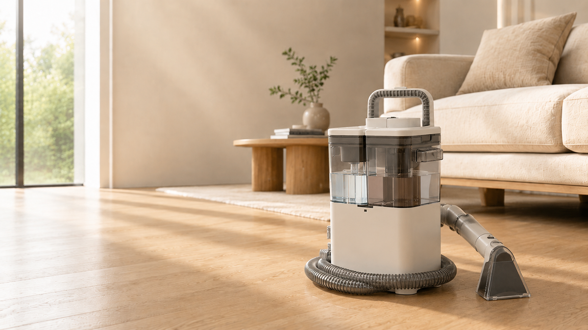 Shampouineuse Steamero posée sur un parquet clair devant un canapé en tissu beige, dans un salon lumineux