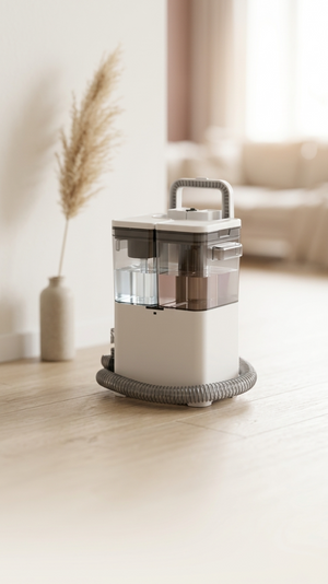 Shampouineuse portable Steamero, appareil blanc compact avec double réservoir transparent et flexible d'aspiration